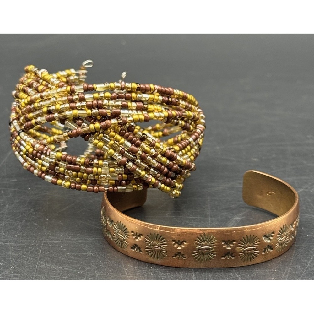Boho Copper Cuff Bracelet + Multi Strand Seed Bead Bracelet Set Artisan Stack